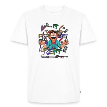 Cheerful craftsman in tool chaos - Men's Premium Organic T-Shirt - white - Front - Nico (187cm)
