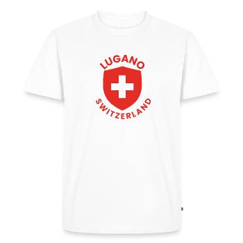 Lugano Shield Emblem - Men's Premium Organic T-Shirt - white - Front - Nico (187cm)