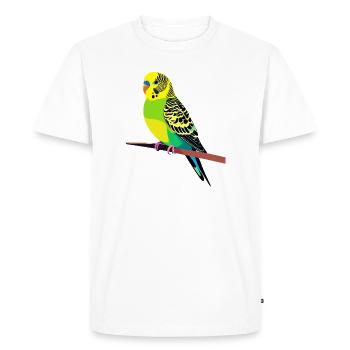 Motif coloré de perruche ondulée sur branche, jaune, vert, bleu - T-shirt Premium bio Homme - blanc - Devant - Nico (187cm)