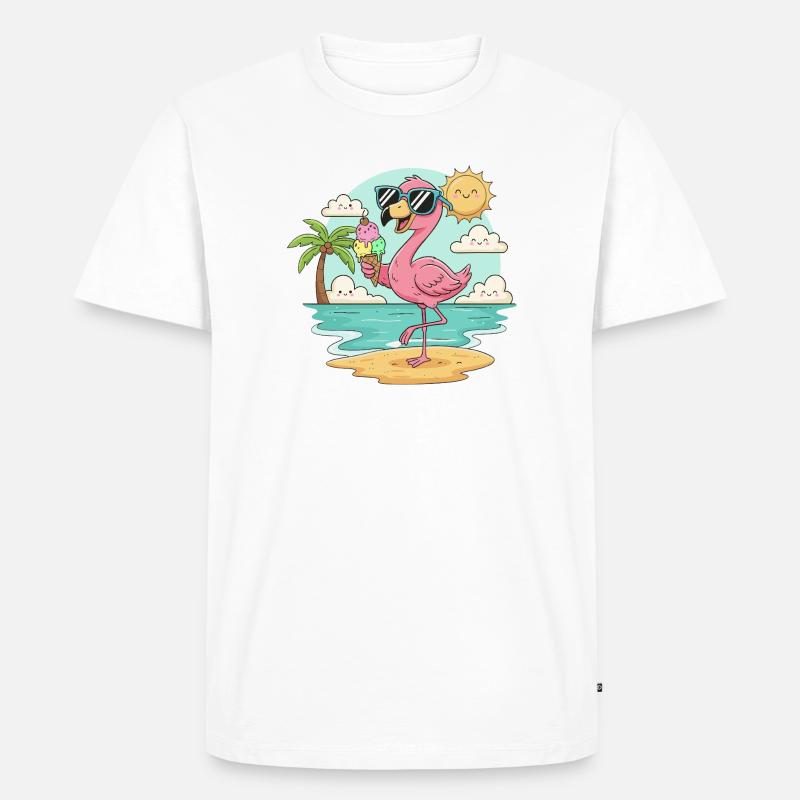 Flamingo am Strand mit Eis & Sonne - Männer Premium Bio T-Shirt - Weiß