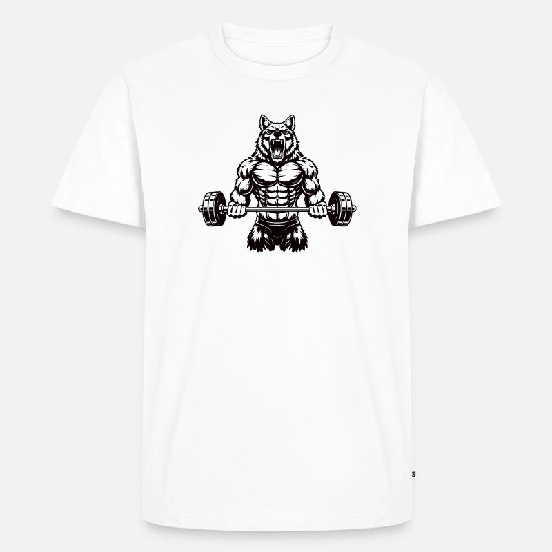 Kraftvoller Wolf mit Langhantel - Männer Premium Bio T-Shirt - Weiß