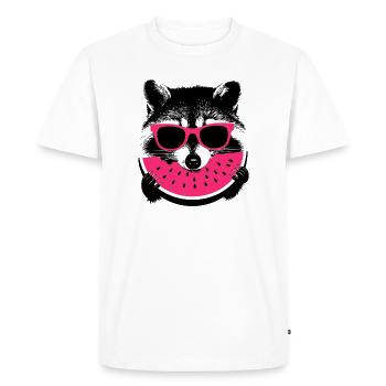 Raccoon in pink sunglasses eating melon - Men's Premium Organic T-Shirt - white - Front - Nico (187cm)