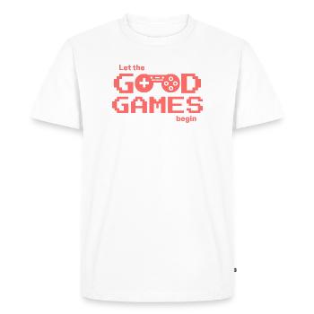 Retro Pixel Logo Gaming « Que les bons jeux commencent » - T-shirt Premium bio Homme - blanc - Devant - Nico (187cm)