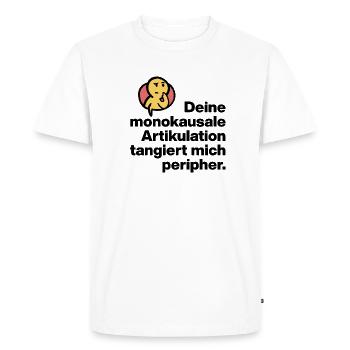 YOUR MONOCAUSAL ARTICULATION, STUPID SARCASM - Men's Premium Organic T-Shirt - white - Front - Nico (187cm)