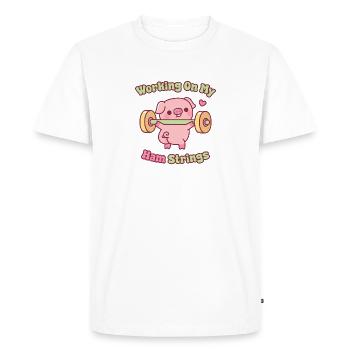 Funny Pig Lifting Weights Working On My Ham String - Men's Premium Organic T-Shirt - white - Front - Nico (187cm)