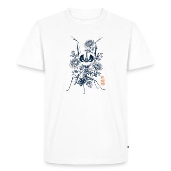 Praying mantis with chris antema and kanji stamp - Men's Premium Organic T-Shirt - white - Front - Nico (187cm)