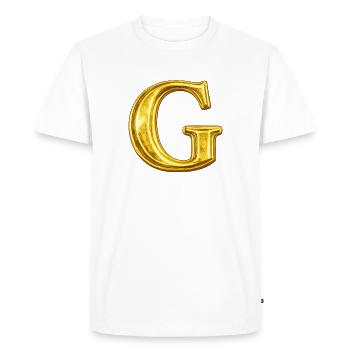 Motif G doré – Lettre métallique - T-shirt Premium bio Homme - blanc - Devant - Nico (187cm)
