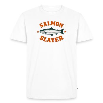 Funny Salmon Slayer Fishing Humor - Men's Premium Organic T-Shirt - white - Front - Nico (187cm)