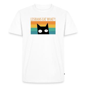 Les lesbiennes mangent quoi ? Drôles de Dictons, Chat - T-shirt Premium bio Homme - blanc - Devant - Nico (187cm)