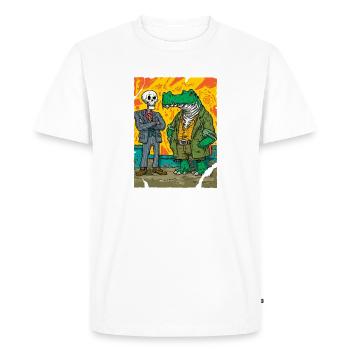 Neon Street Dino: Skeleton vs Alligator CEO - Men's Premium Organic T-Shirt - white - Front - Nico (187cm)