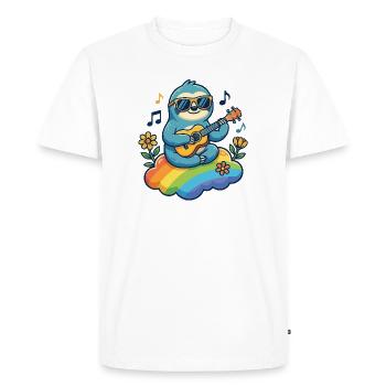 Hippie sloth with guitar on rainbow cloud - Men's Premium Organic T-Shirt - white - Front - Nico (187cm)