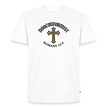 Christian Nonconformist Romans 12:2 Golden Cross - Men's Premium Organic T-Shirt - white - Front - Nico (187cm)