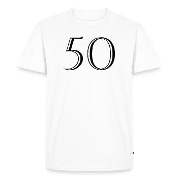 50. 50 ANS. 50e ANNIVERSAIRE. ANNIVERSAIRE 50 ANS. - T-shirt Premium bio Homme - blanc - Devant - Nico (187cm)