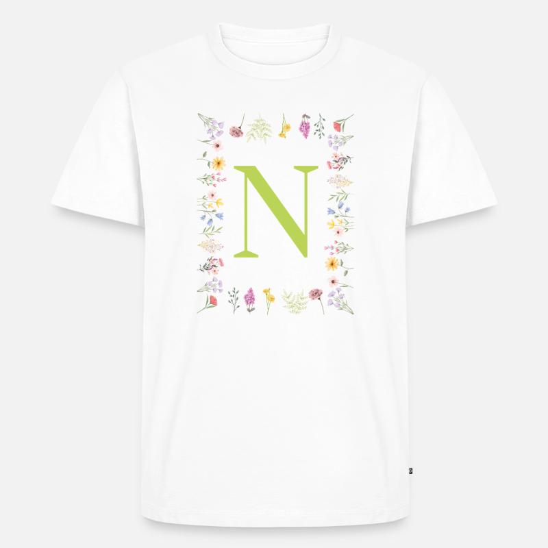 Florale Initialen " N ", Buchstaben Monogramm  - Männer Premium Bio T-Shirt - Weiß