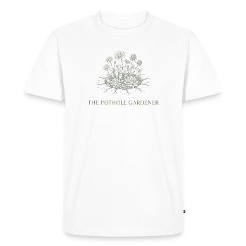 Le jardinier des nids-de-poule - Société des Fleurs de Guérilla - T-shirt Premium bio Homme - blanc - Devant - Nico (187cm)