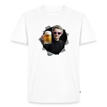 Marie Curie tient une bière - T-shirt Premium bio Homme - blanc - Devant - Nico (187cm)