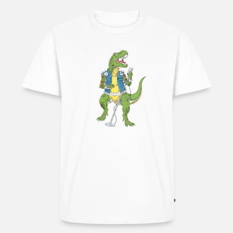 Dino Rock star mit Mikro - Männer Premium Bio T-Shirt - Weiß
