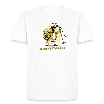 SLOW MUST GO ON - rock and humor snail - Men's Premium Organic T-Shirt - white - Front - Nico (187cm)
