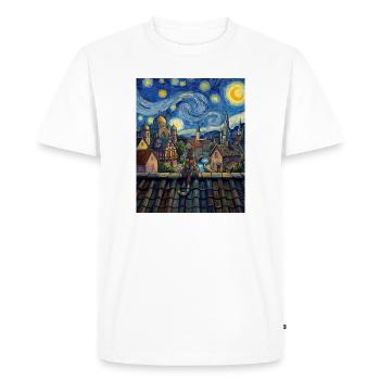 Cosmic Cat Over Moonlit City - Men's Premium Organic T-Shirt - white - Front - Nico (187cm)