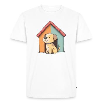 Chien câlin devant une maison colorée - T-shirt Premium bio Homme - blanc - Devant - Nico (187cm)