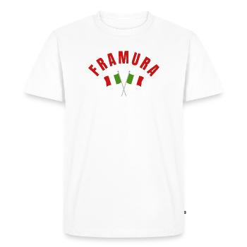 Framura Arch with Crossed Italian Flags  - Men's Premium Organic T-Shirt - white - Front - Nico (187cm)