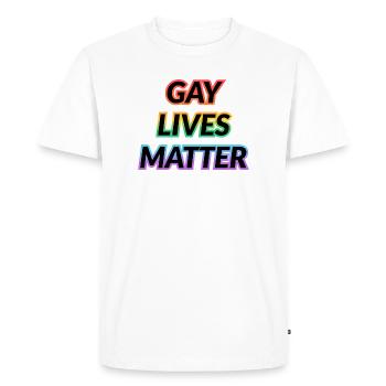GAYS LIVES MATTER : LE MOIS DE LA FIERTÉ LGBT : Slogan arc-en-ciel - T-shirt Premium bio Homme - blanc - Devant - Nico (187cm)