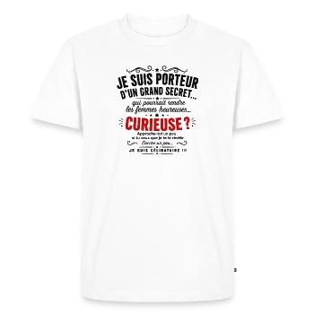 Curieuse ? Grand secret dévoilé (Célibataire) - T-shirt Premium bio Homme - blanc - Devant - Nico (187cm)