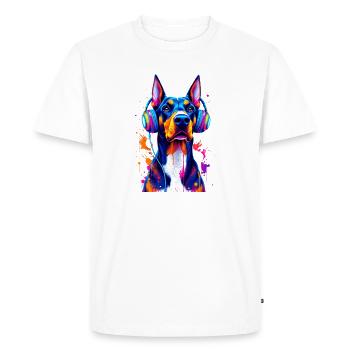 Doberman with headphones - Men's Premium Organic T-Shirt - white - Front - Nico (187cm)