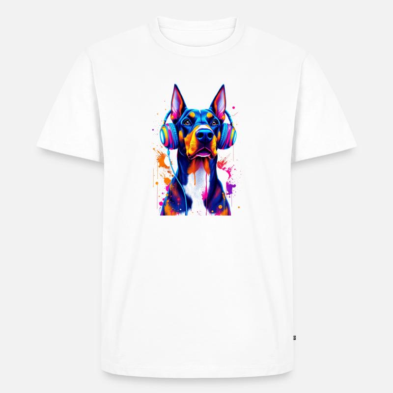 Dobermann mit Kopfhörern - Männer Premium Bio T-Shirt - Weiß