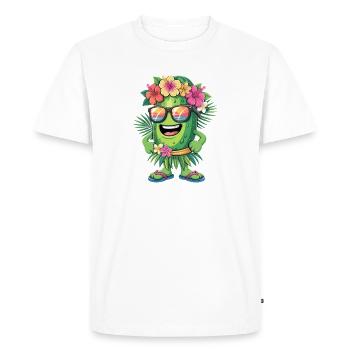Un concombre de fête drôle dans un hula hawaïen : look avec - T-shirt Premium bio Homme - blanc - Devant - Nico (187cm)