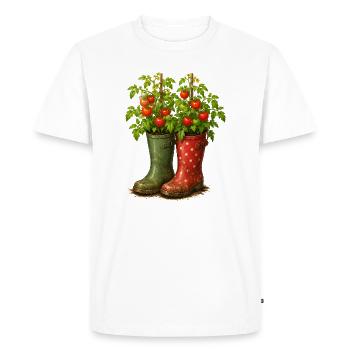 Motif de plants de tomates dans le jardin des bottes de caoutchouc - T-shirt Premium bio Homme - blanc - Devant - Nico (187cm)
