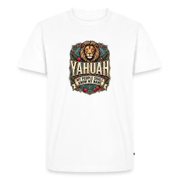 YAHUAH: My Name Banner - Men's Premium Organic T-Shirt - white - Front - Nico (187cm)