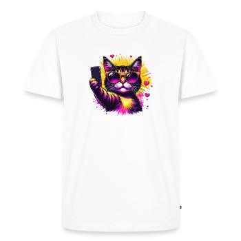Cat Selfie Neon Sunglasses - Men's Premium Organic T-Shirt - white - Front - Nico (187cm)