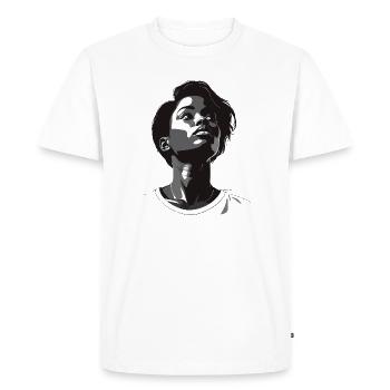 Vue en noir et blanc vers le haut - T-shirt Premium bio Homme - blanc - Devant - Nico (187cm)