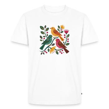 Oiseaux colorés dans des fleurs Art populaire à motifs de branches - T-shirt Premium bio Homme - blanc - Devant - Nico (187cm)