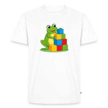 Green cartoon frog playing with colorful building blocks - Men's Premium Organic T-Shirt - white - Front - Nico (187cm)
