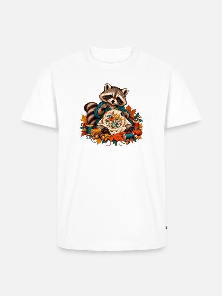Waschbär stickt Herbstblumen - Männer Premium Bio T-Shirt - Weiß