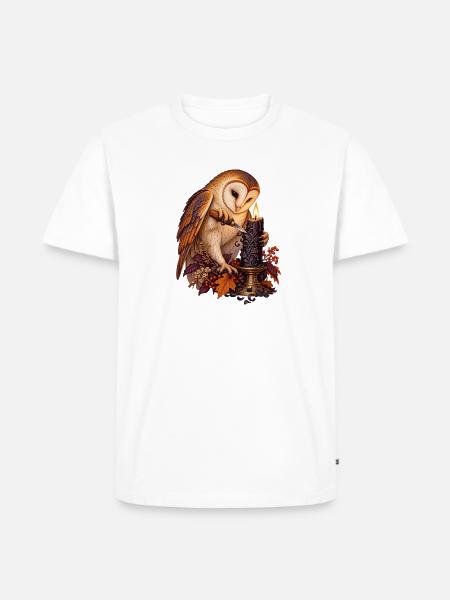 Schleiereule schnitzt eine schwarze Kerze - Männer Premium Bio T-Shirt - Weiß