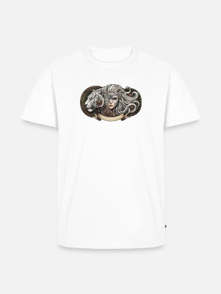 Fantasiefrau mit mechanischem Tiger - Männer Premium Bio T-Shirt - Weiß