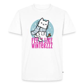 Winter Cat with Scarf Snow Comic Fun Gift - Men's Premium Organic T-Shirt - white - Front - Nico (187cm)