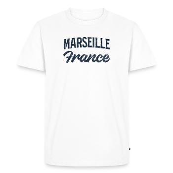 Marseille, France Rétro Script - T-shirt Premium bio Homme - blanc - Devant - Nico (187cm)