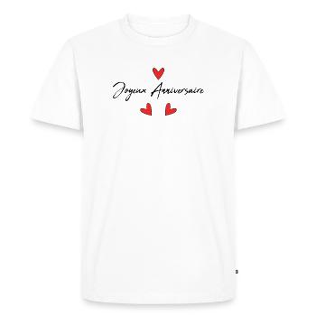 JOYEUX ANNIVERSAIRE. HAPPY BIRTHDAY. COEUR. I LOVE - T-shirt Premium bio Homme - blanc - Devant - Nico (187cm)