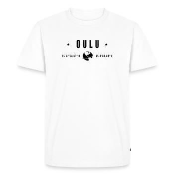 Oulu Coordonnées GPS Typographie Noire - T-shirt Premium bio Homme - blanc - Devant - Nico (187cm)