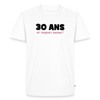 30 ans et toujours puceau ! - T-shirt Premium bio Homme - blanc - Devant - Nico (187cm)