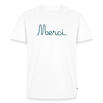 MERCI. THANKS. THANK YOU. ANNIVERSAIRE. NAISSANCE. - T-shirt Premium bio Homme - blanc - Devant - Nico (187cm)