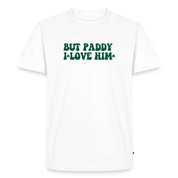 Mais Paddy Je l’aime - Typographie verte - T-shirt Premium bio Homme - blanc - Devant - Nico (187cm)