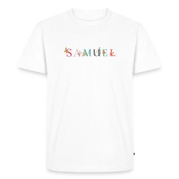 SAMUEL Name Art With Flowers Embroidered - Men's Premium Organic T-Shirt - white - Front - Nico (187cm)