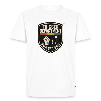 Trigger Department Rage Bait Patch, Funny  - Men's Premium Organic T-Shirt - white - Front - Nico (187cm)