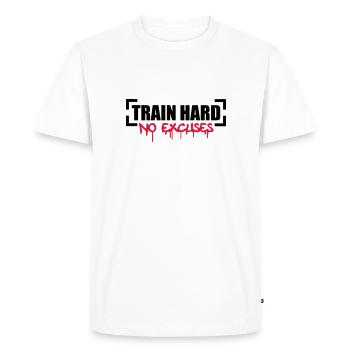 Train Hard No Excuses - Men's Premium Organic T-Shirt - white - Front - Nico (187cm)