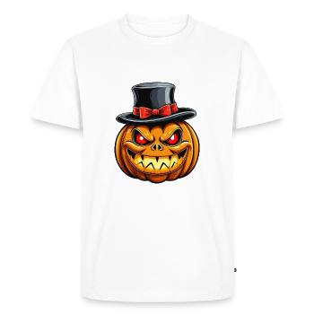 Citrouille d’Halloween souriante drôle avec chapeau haut de forme - T-shirt Premium bio Homme - blanc - Devant - Nico (187cm)